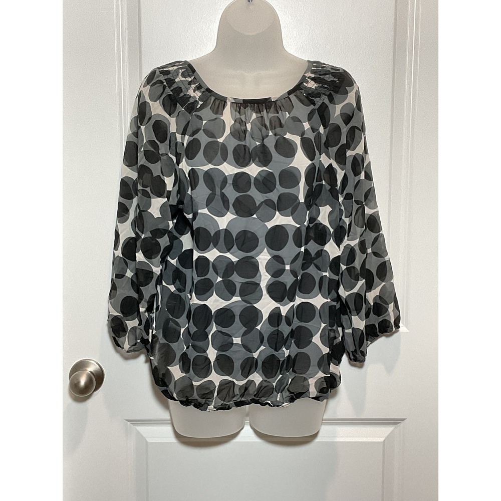 Banana Republic Polka Dot Sheer Blouse Womens L Long Sleeve Gathered Neck Office